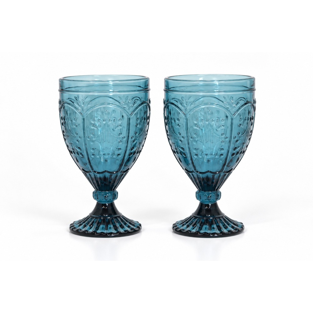Fitz & Floyd Trestle Indigo Blue 12oz  Water Goblets Dinner Glasses-Set of 2